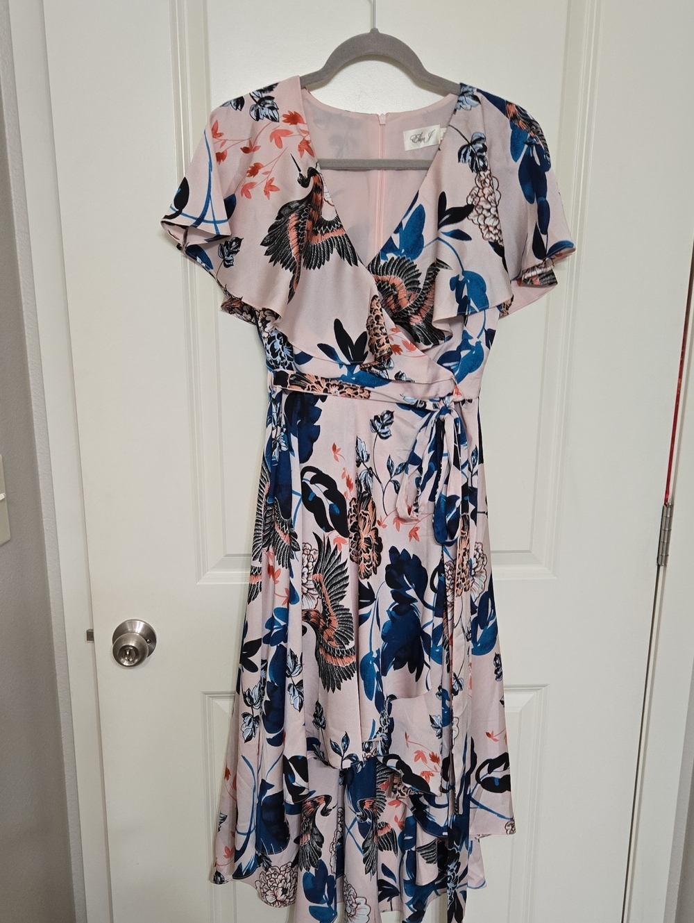 Floral Pink High-Low Wrap Dress with Blue Print